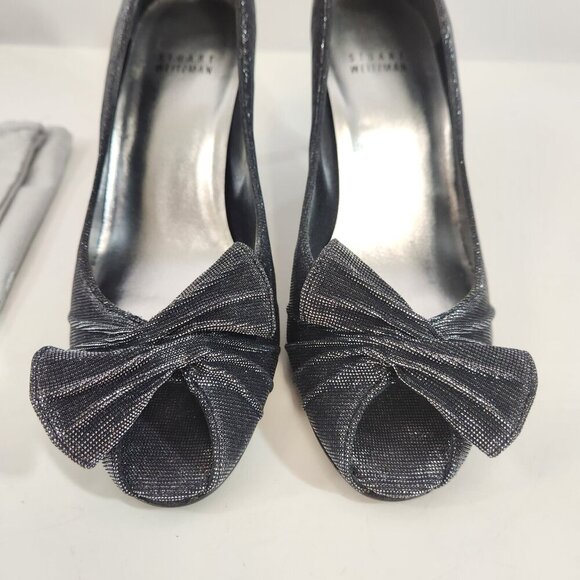 Stuart Weitzman Knot Open Toe Heels Womens 7 Nero Nocturn Black Shimmer Spain - Picture 3 of 12
